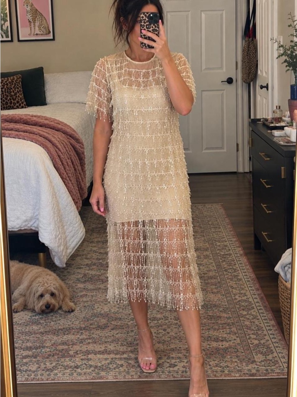 Uninss Ivory Beaded Fringe Midi Dress